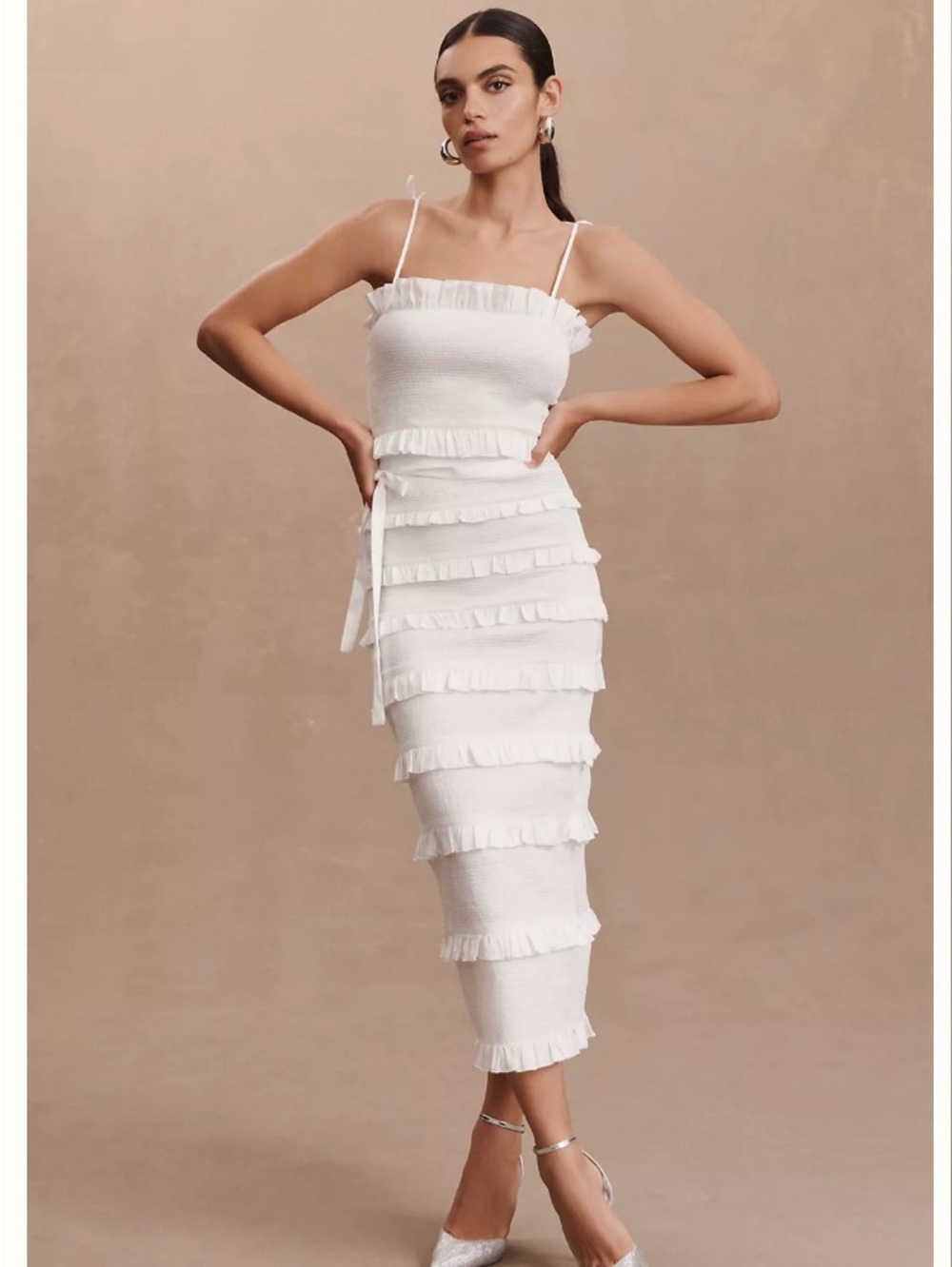 White Ruffled Midi Dress - Women's Elegant Summer Dress V Chapman Lily Size 2